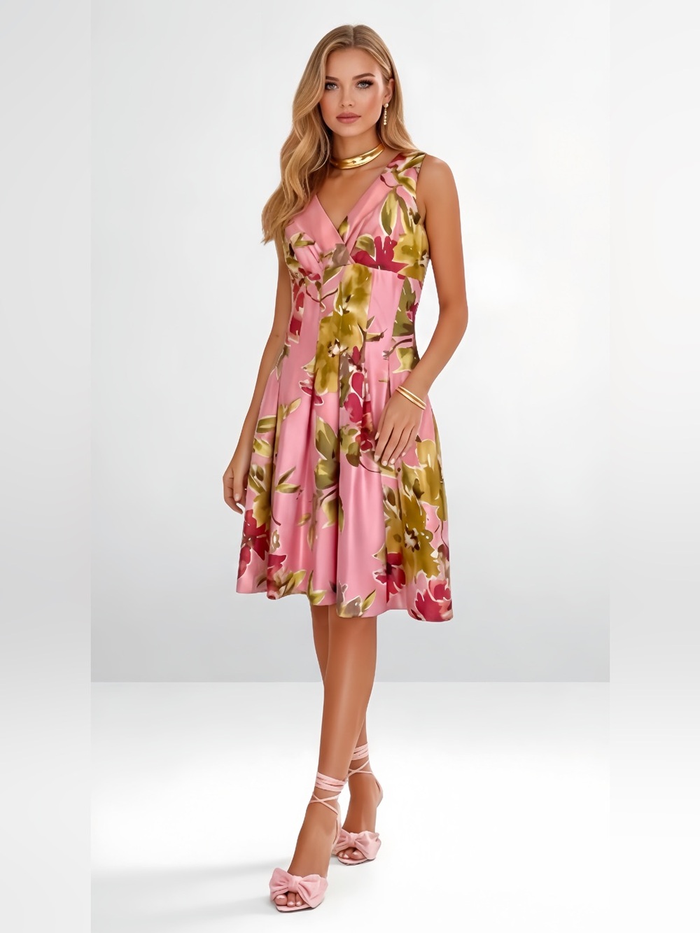 Perceptions Pink with Gold, Red and Green A-Line V-Neck Cocktail Dress